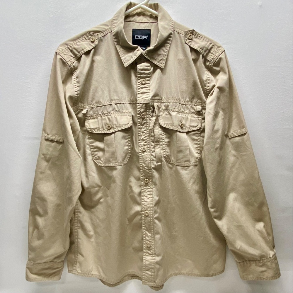 CQR Performance Button Down Shirt Men's Large Khaki LS Tactical Outdoors (Read)